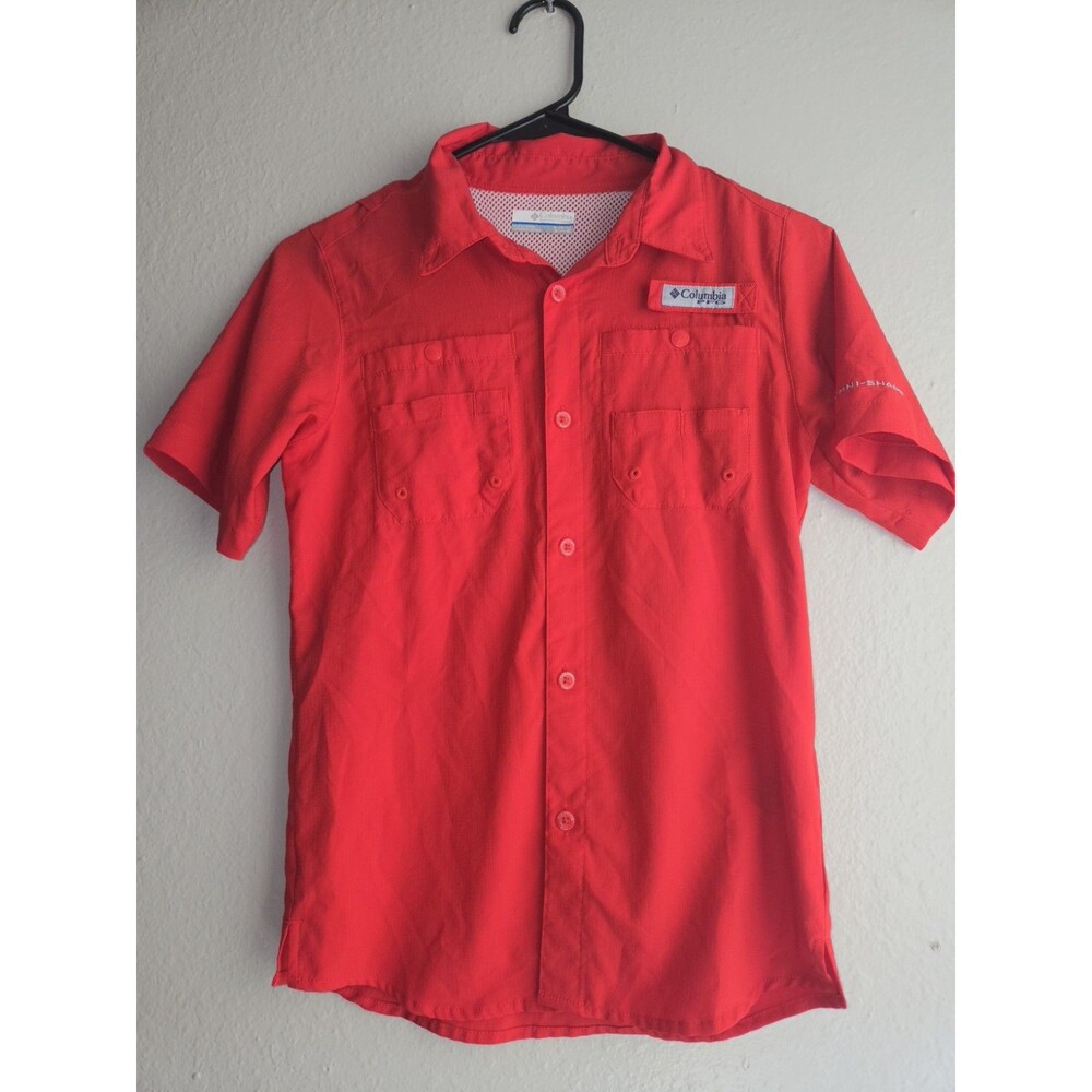 Boys Columbia PFG Fishing Shirt Size M 10/12 Red Omni-Shade Short Sleeve Outdoor